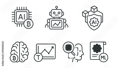Line style icons of artificial intelligence: crypto with AI icon, smart trading bot, blockchain AI audit badge, intelligent crypto portfolio, token prediction chart, fraud detection AI, smart