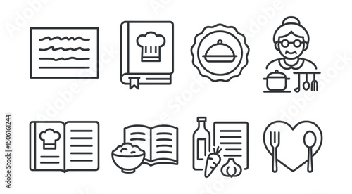 Line style icons of family memory archive: recipe card with handwriting, family cookbook icon, passed-down dish badge, grandma’s kitchen symbol, recipe binder, food and story icon, ingredients with