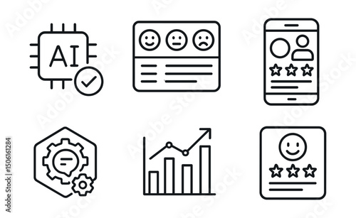 Line style icons of artificial intelligence: AI feedback icon, sentiment analyzer panel, smart review screen, comment classification badge, insight from input chart, reaction scoring model, feedback