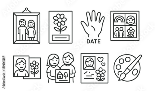 Line style icons of family memory archive: framed drawing icon, child art with name, craft with date, collage of moments, photo and artwork combo, shared creative memory, scrapbook page icon, colors