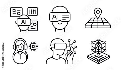 Line style icons of artificial intelligence: VR with AI interface, immersive model visualizer, 3D training field icon, virtual AI assistant badge, neural interaction in VR, AR/VR hybrid dashboard,