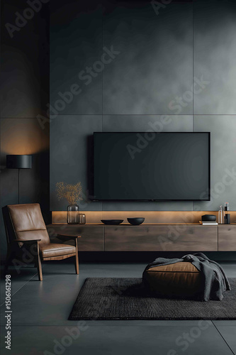 There is a huge TV in the picture modern decoration style TV cabinet cement wall black cement floor dark tone atmosphere