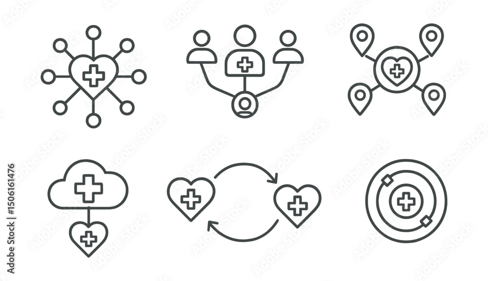 Fototapeta premium Line style icons of healthcare technology: care network icon, interconnected providers badge, multi-point patient access map, cloud health connection, service collaboration flow, referral integration