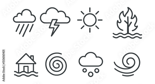 Line style icons of climate vocabulary: extreme weather icon, storm cloud with lightning, heatwave sun icon, wildfire tree symbol, flood zone icon, hurricane spiral, hailstorm badge, intense wind