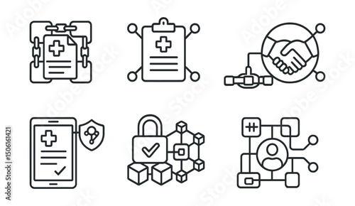 Line style icons of healthcare technology: blockchain record icon, decentralized EHR symbol, transaction in care badge, smart consent form, data integrity lock, verified log block, secure health