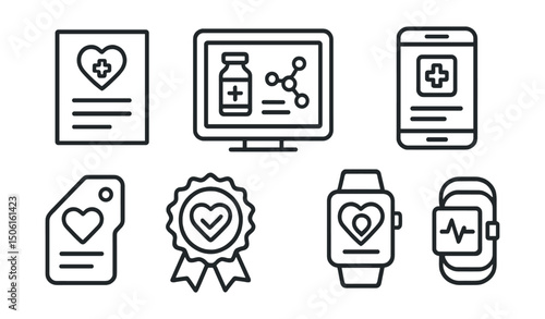 Line style icons of healthcare technology: healthcare product card, treatment solution panel, AI-driven tool icon, digital health service screen, device listing tag, care innovation badge,