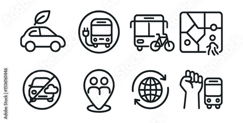 Line style icons of climate vocabulary: sustainable mobility icon, electric transport badge, bike + transit icon, walkable city layout, low-emission zone symbol, shared ride plan, mobility for future