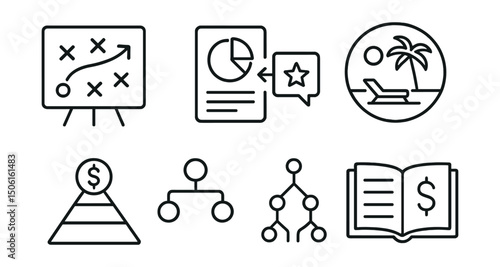 Line style icons of personal finance: strategy board icon, asset allocation plan, risk vs reward flow, retirement planning badge, savings tier map, decision tree layout, financial planning guide.