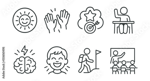 Line style icons of creative learning in school: joyful learning badge, hands in action symbol, fun with purpose icon, student choice moment, curious brain spark, laugh while learning icon, freedom