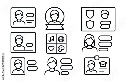 Line style icons of online education: student profile avatar, learner identity icon, role and group tag, badge board icon, profile with progress bar, interests section symbol, profile with subject