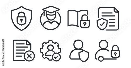 Line style icons of online education: shield with lock icon, student data privacy badge, secure course login, anti-plagiarism icon, encrypted document symbol, permission settings badge, identity