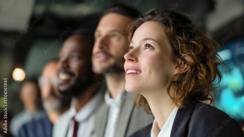 Diverse Business Team Looking Upward With Optimism, Representing Corporate Vision and Collaborative Innovation in the Modern Workplace Environment : Generative AI Diverse Business Team Looking Upward With Optimism, Representing Corporate Vision and Collaborative Innovation in the Modern Workplace Environment : Generative AI