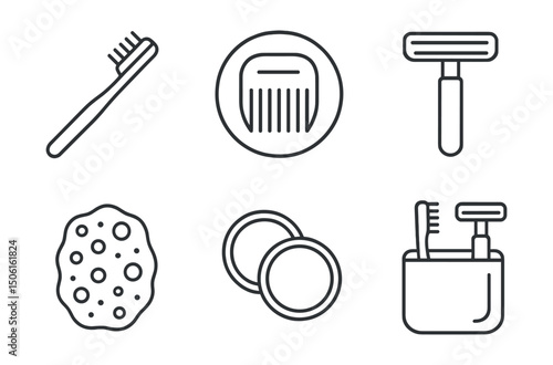Line style icons of eco-friendly lifestyle: bamboo toothbrush icon, wooden comb badge, metal razor symbol, natural sponge icon, reusable cotton rounds, eco hygiene set, minimalist bathroom kit,
