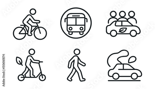 Line style icons of eco-friendly lifestyle: bike commuting icon, public transport badge, eco carpool symbol, electric scooter ride, walk more sign, low-impact travel icon, green route path, mobility