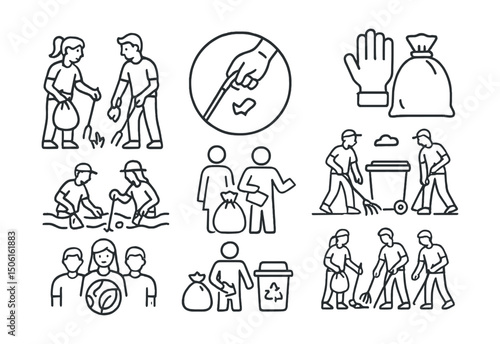 Line style icons of eco-friendly lifestyle: community cleanup icon, litter pick-up badge, gloves and trash bag symbol, river cleanup team, street sweeping effort, local eco action group, collect +