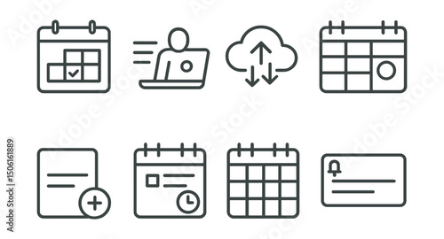 Line style icons of remote work: calendar view icon, daily remote agenda, sync with cloud badge, zoomed-in week layout, add meeting card, task deadline calendar, monthly planning grid, event reminder
