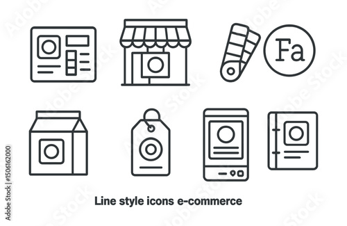 Line style icons of e-commerce: brand identity panel, logo placement in store, color scheme selector, font pair badge, product packaging design, consistent tone tag, branded social post, shop style