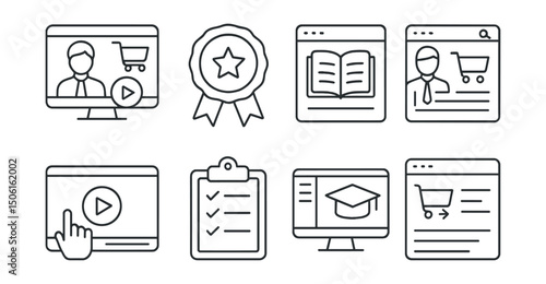 Line style icons of e-commerce: e-learning for sellers icon, course completion badge, knowledge base icon, seller training module, marketplace guidebook screen, how-to video card, onboarding
