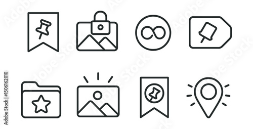 Line style icons of social media and communication: pinned post badge, top of feed lock, permanent highlight symbol, “editor’s pick” tag, curated post folder, featured content icon, stick to profile