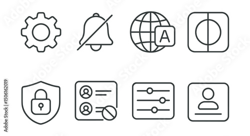 Line style icons of social media and communication: app settings icon, notification sound toggle, language picker badge, theme mode selector, privacy preferences screen, blocked users list, content