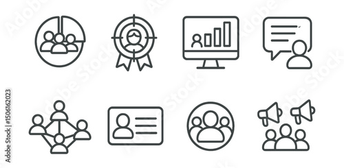 Line style icons of social media and communication: audience segment icon, target follower badge, demographic breakdown screen, niche interest symbol, user cluster graph, audience persona card,