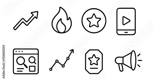 Line style icons of social media and communication: trending tab icon, viral post flame, top of feed badge, most viewed screen, explore top content panel, peak reach indicator, moment of the day tag,