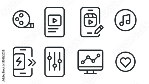 Line style icons of social media and communication: creative reel icon, short video feed, edit reel screen, sound overlay badge, fast-paced swipe screen, effects and filters panel, reel insights