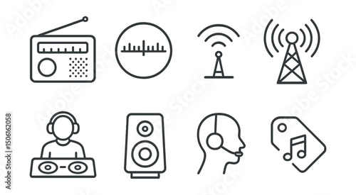 Line style icons of entertainment and media: radio icon, frequency dial badge, live broadcast waves, antenna symbol, DJ at desk, classic radio speaker, call-in show icon, music station tag.