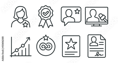 Line style icons of entertainment and media: celebrity profile icon, verified talent badge, public figure tag, media interview screen, fanbase growth graph, endorsement logo symbol, star feature card