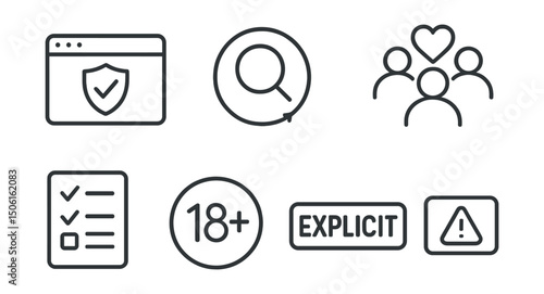 Line style icons of entertainment and media: content moderation icon, review in progress badge, flagged for review screen, community standards icon, approval checklist, age restriction symbol,