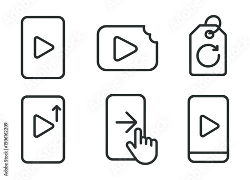 Line style icons of entertainment and media: short-form content icon, bite-size video badge, looping clip tag, mobile-first story panel, vertical format symbol, tap-to-continue interaction, snackable