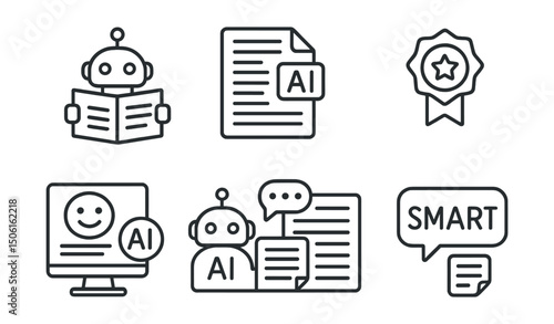 Line style icons of artificial intelligence: article reading assistant, text summarizer icon, highlight suggestion badge, tone analyzer screen, AI interpretation tool, reading recommendation engine,
