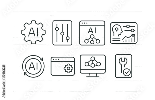 Line style icons of artificial intelligence: AI settings gear icon, configuration toggle panel, model parameters editor, behavior settings dashboard, training cycle control badge, deployment settings