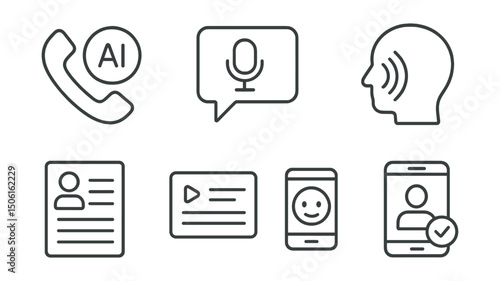 Line style icons of artificial intelligence: AI-powered voice call icon, speech-to-text badge, real-time transcription screen, voice intent analyzer, call summary assistant, voice tone reader, smart