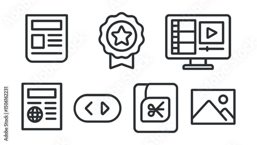 Line style icons of entertainment and media: daily digest icon, weekly summary badge, highlights from stream, clip compilation screen, news roundup panel, digest carousel tag, snapshot from the week.