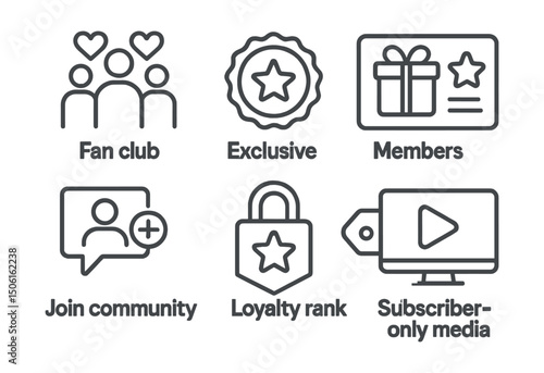 Line style icons of entertainment and media: fan club icon, exclusive content badge, member perks panel, join community symbol, private feed access, loyalty rank tag, subscriber-only media.