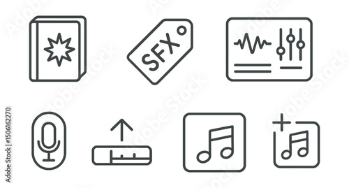 Line style icons of entertainment and media: sound effects library icon, SFX tag badge, audio preset panel, ambient sound card, voice sample button, drag to timeline symbol, add sound clip icon.