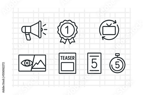 Line style icons of entertainment and media: new season alert icon, premiere badge, season one banner, returning series symbol, first look preview panel, teaser poster tag, countdown to return.