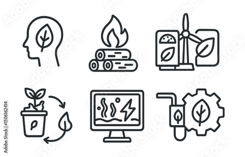 Line style icons of sustainable energy: bio-energy profile icon, biomass fuel type badge, organic power generator, compost to energy flow, algae-based solution screen, eco-fuel panel, nature-powered