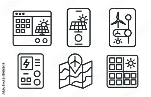 Line style icons of sustainable energy: analytics icon for energy use, consumption insights badge, efficiency vs output graph, data-driven decisions screen, renewable yield chart, system optimization