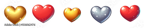 Glossy 3D Hearts Icon Set – Red, Gold, Silver, and Game-Style Heart Collection on Transparent Background