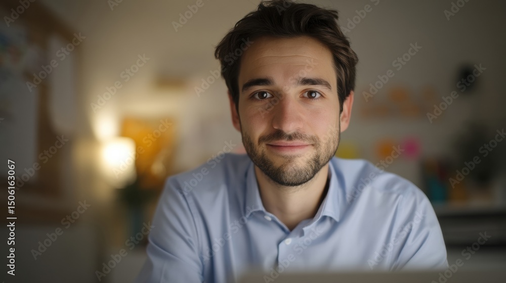 Obraz premium Smiling Young Man in Blue Shirt Working From Home, Representing Remote Work and Digital Nomad Lifestyle, With Focus on Productivity and Efficiency : Generative AI