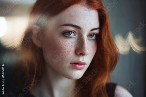 A close-up portrait photograph of a young woman with vibrant red hair and striking green eyes.