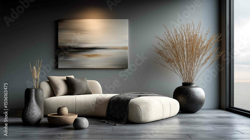 interior design photography minimalist living room clean design skandinavian style a white cord couch big painting on the wall matte black and wooden accesso