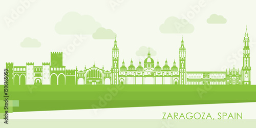Green Skyline panorama of Zaragoza, Aragon, Spain - vector illustration
