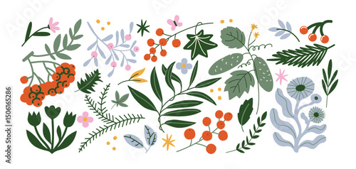 Botanical set abstract flowers and plants. Organic floral doodles, leaves of different shapes. Trendy hippie funky shapes stickers 90s