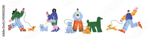Urban characters walking pets in retro cartoon style. Mascot people  and animals: men, women, dogs, cats in city outfits. Illustration in funky, doodle style, trendy sticker set