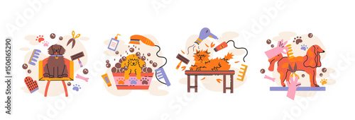 Pet grooming and care set in retro cartoon style. Animals and supplies: dogs, cats, scissors, brushes, paws, shampoo. Illustration in funky, doodle style, trendy sticker set