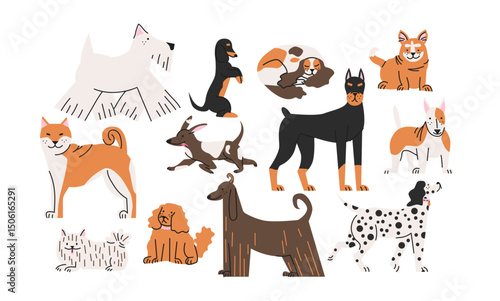 Dog breeds set in retro cartoon style. Pets of different breeds: shiba inu, poodle, doberman, dachshund, dalmatian, setter. Illustration of domestic animals in funky, doodle style, trendy sticker set