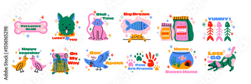 Colorful pet stikers in retro cartoon style. Cartoon elements: cats, dogs, birds, fish, paws, quotes. Illustration in funky, doodle style, trendy patches set.
